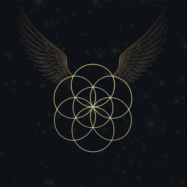 Enharmonic sacred geometry seed of life with golden wings on dark starry background